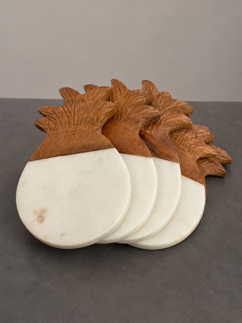 NWT White Marble & Acacia Wood Pineapple Coaster Set of 4